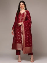 Women Red Poly Chanderi Woven Design Straight Kurta Trouser With Dupatta PKSKD1977
